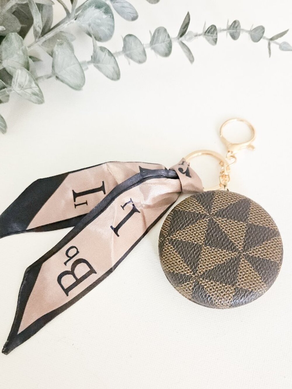 Portable Compact Mirror Keychain w/Ribbon - Brown/Black - S/H Discount